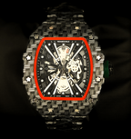 Luxury watch with a carbon fiber design on a dark background
