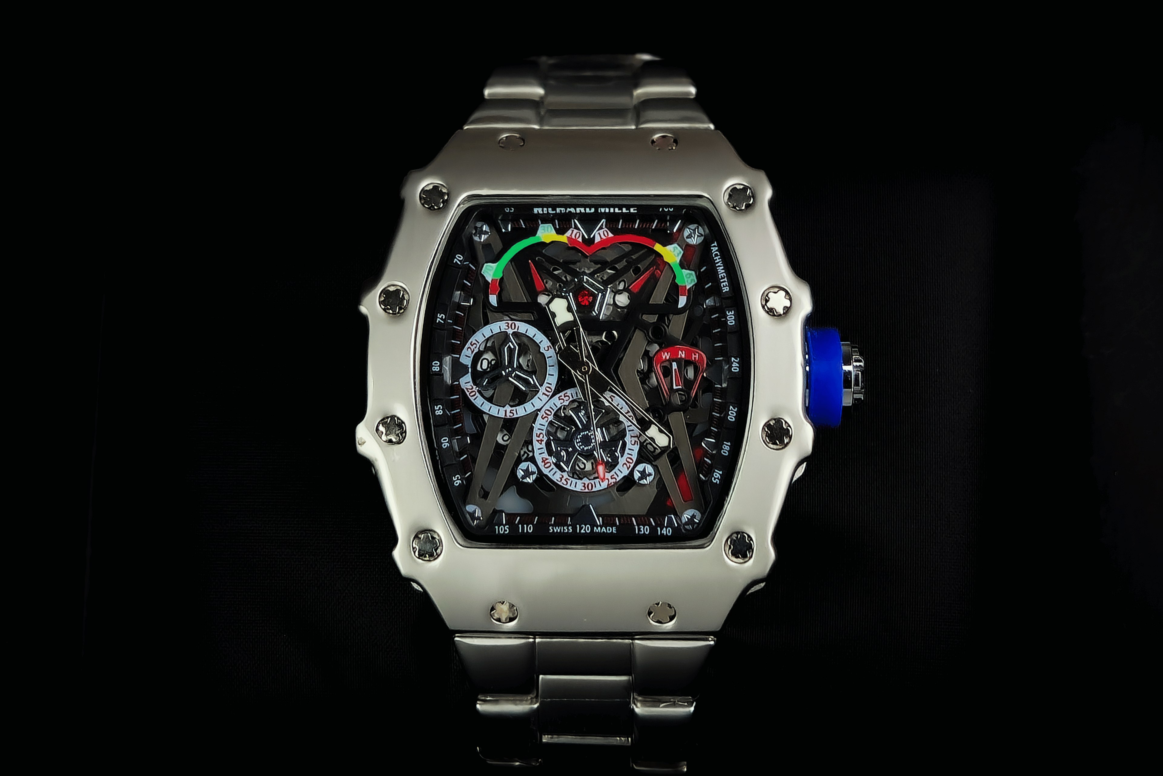 Luxury watch with a detailed face on a black background